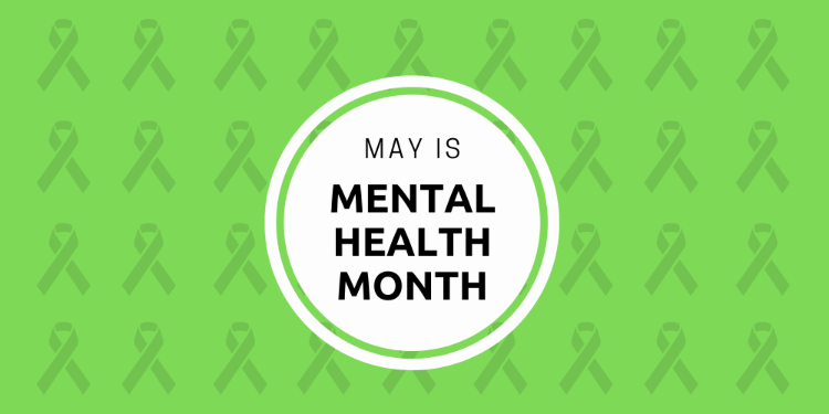 lime green background with ribbons and text overlay that reads 'May is Mental Health Month'