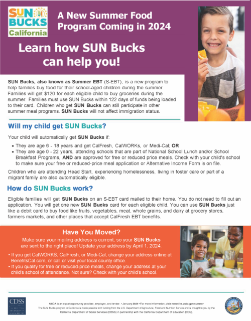 Child eating orange slices, child drinking milk and person smiling at child. Text includes how Summer EBT is helping families buy food during the summer