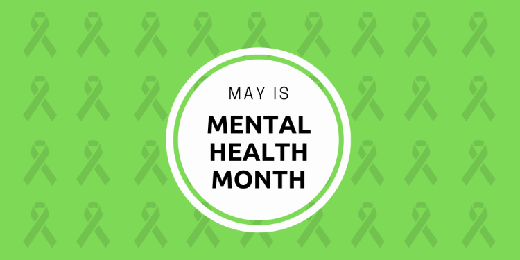 Lime green ribbons with text overlay that reads May is Mental Health Month